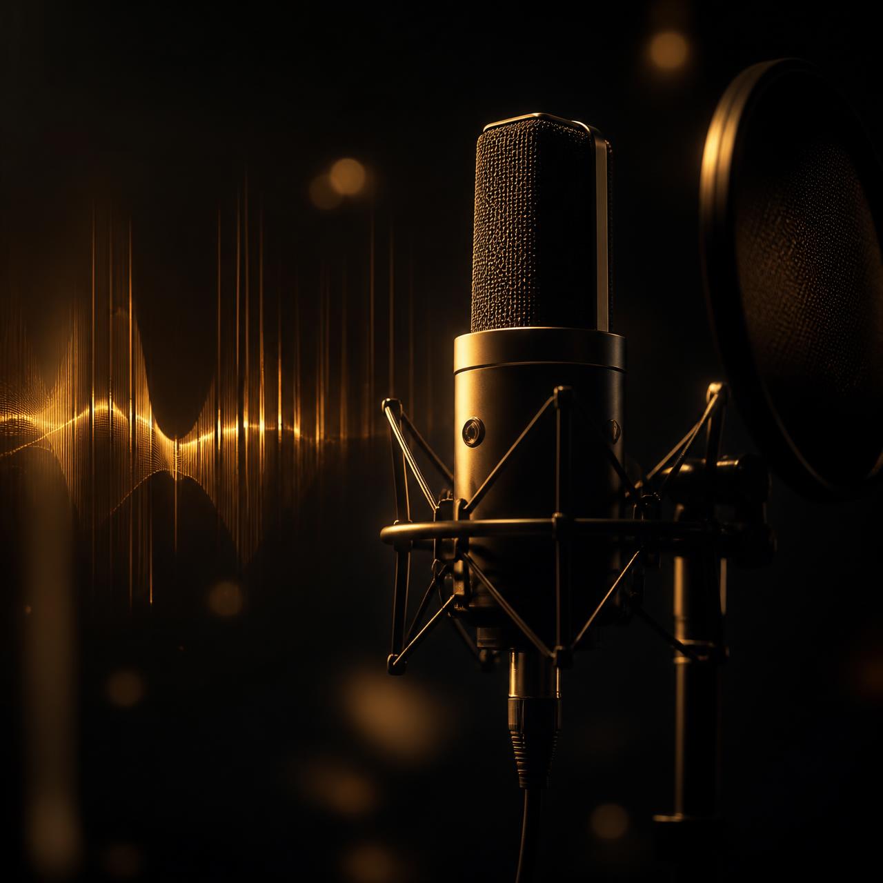 Micrófono de estudio iluminado junto a una onda de audio dorada